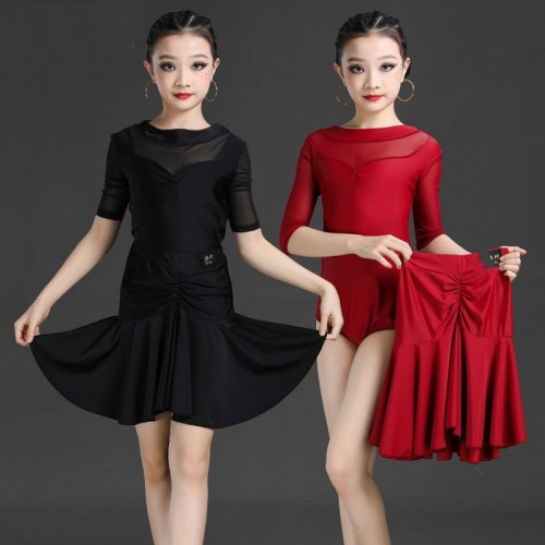 Girls kids wine black colored lace sleeves latin dance dress stage performance latin ballroom performance wear for children